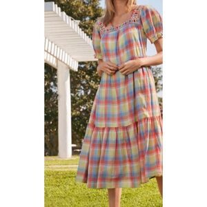 NWOT Johnny Was DELACEY PLAID SQUARE NECK MIDI DRESS, XS $285 E45
